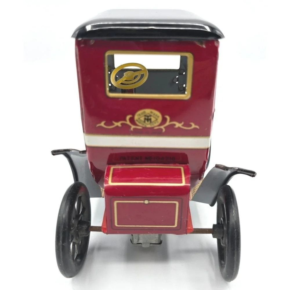 Vintage Japanese Tin Litho Friction Horseless Carriage Antique Toy Car Red Black